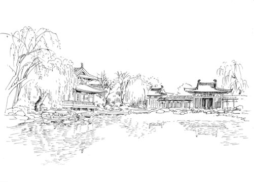 陜西西安華清池鋼筆畫