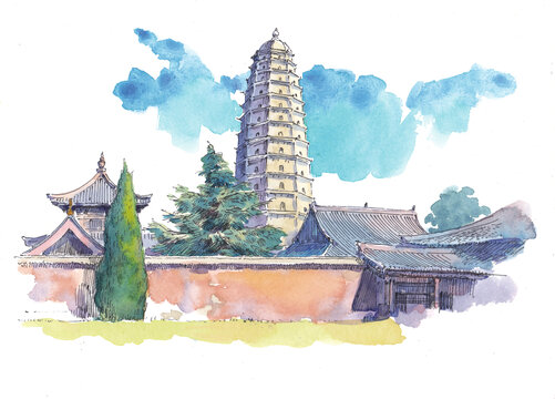 陜西寶雞法門寺水彩