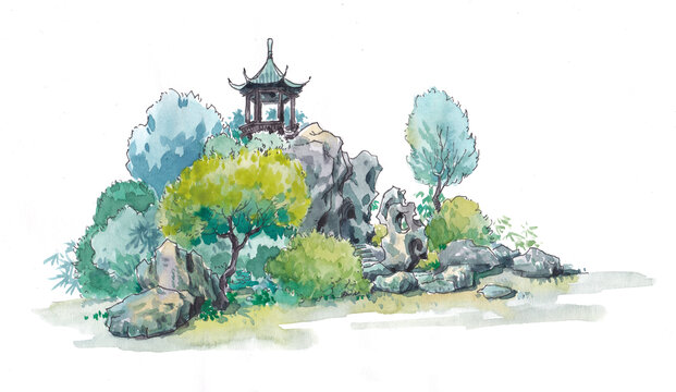 園林景觀小亭水彩