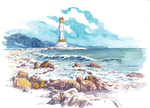 海南三亞南山海上觀音水彩