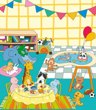 居家幼兒園卡通場景ps分層插畫