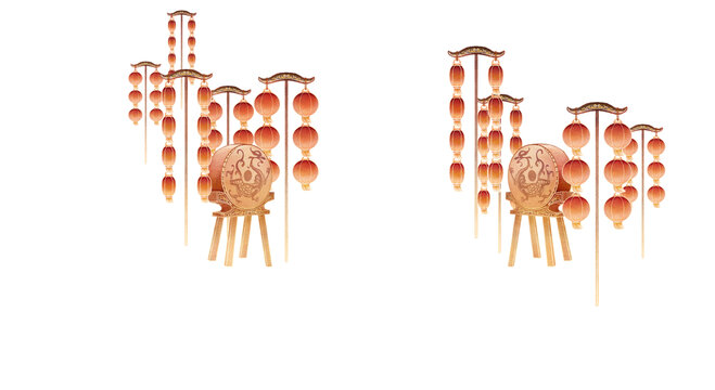 燈籠鑼鼓國(guó)風(fēng)唯美插畫(huà)免摳圖素材