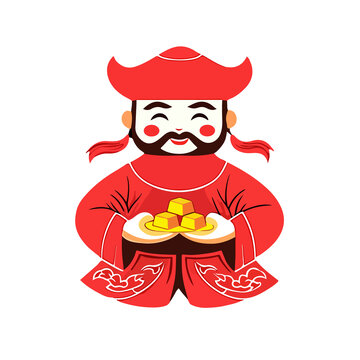 紅色喜慶財(cái)神爺捧著金子卡通元素