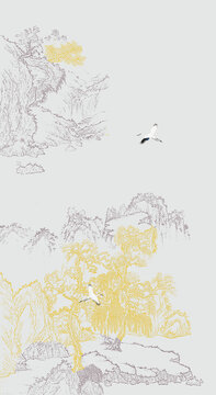 山水線描畫中式國畫掛畫圖