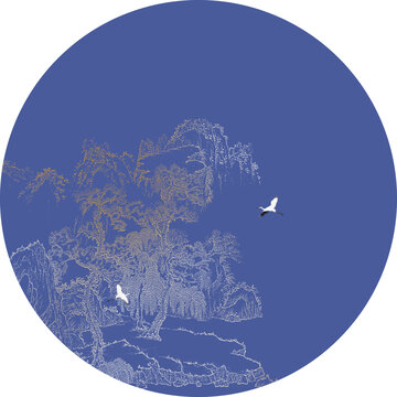 圓形中式國(guó)畫山水線描畫