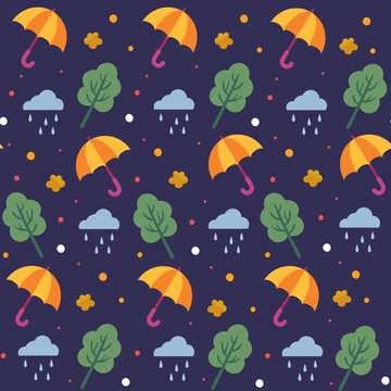卡通雨傘下雨樹木圖案
