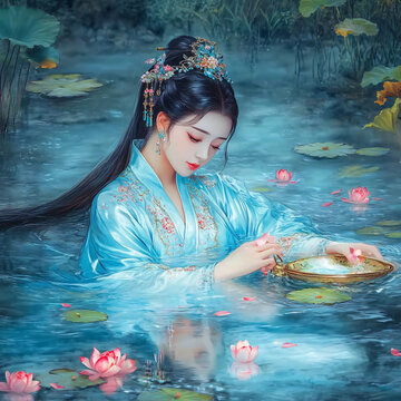 仲夏風荷塘侍女