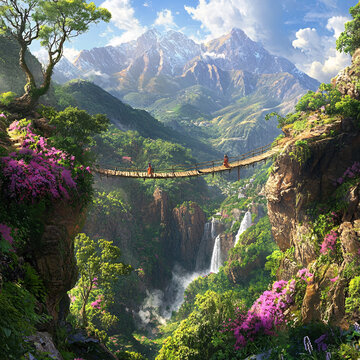 風(fēng)景小橋瀑布綠樹遠(yuǎn)山