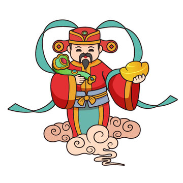 卡通描邊傳統(tǒng)節(jié)日神仙財神插畫