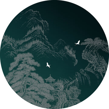 國(guó)畫山水中式山水線描圓形畫