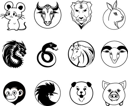 黑白十二生肖蛇動(dòng)物矢量圖標(biāo)