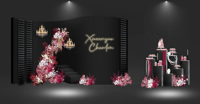 玫紅色高級(jí)秀場(chǎng)風(fēng)婚禮合影區(qū)效果圖