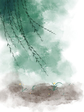 水墨春天柳枝插畫