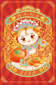 新春插畫紅包事事如意小金蛇