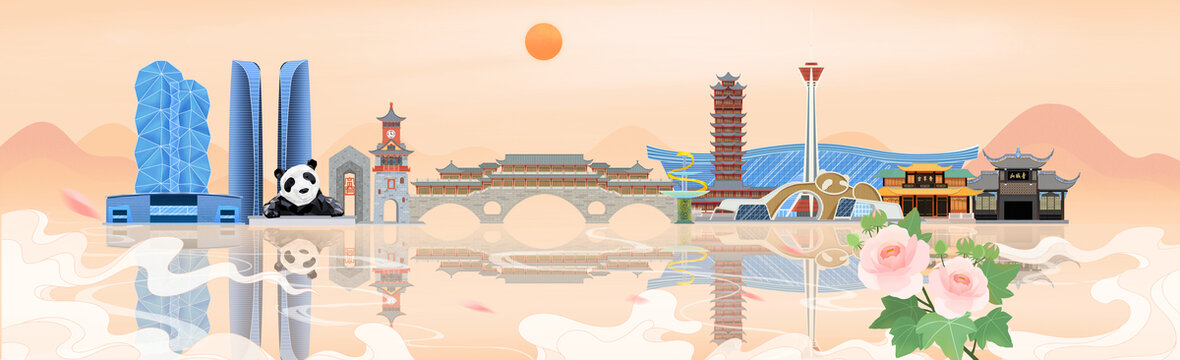 扁平建筑插畫四川成都城市風光