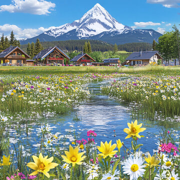 遍地野花和雪山