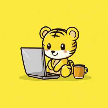 卡通老虎喝奶茶