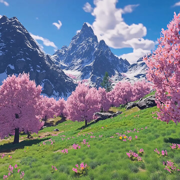 雪山田園桃花