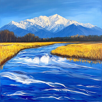 雪山河流油畫