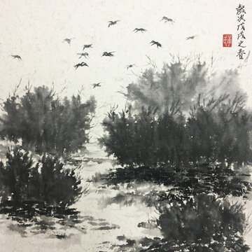 中國水墨寫意江邊樹林