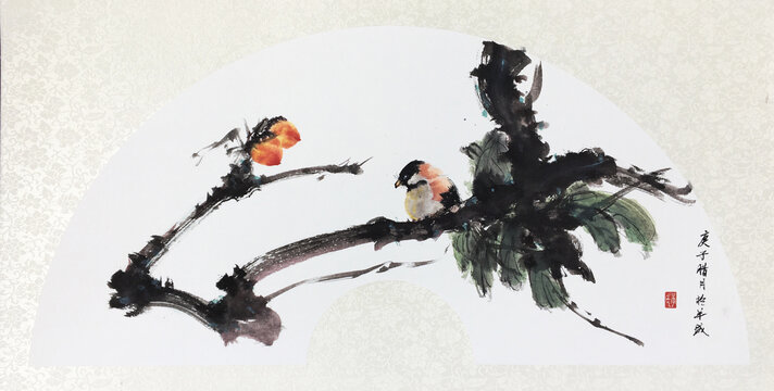 中國畫寫意扇面花鳥柿子