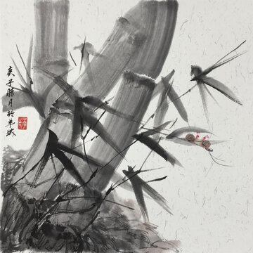 蝸牛竹林水墨畫