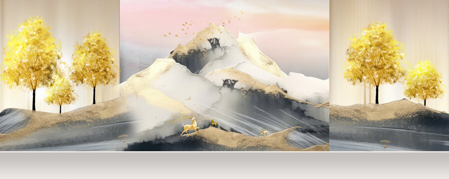 金色山水發(fā)財(cái)樹山水裝飾畫