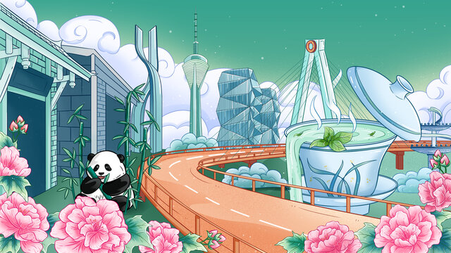 手繪成都地標(biāo)建筑