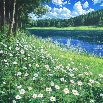 唯美白花背景河岸小花