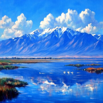 雪山藍(lán)色湖水油畫