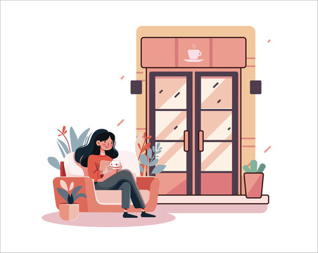 咖啡店坐在沙發(fā)的女孩矢量插畫(huà)扁平風(fēng)