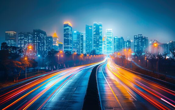 夜幕下車水馬龍的高速公路和現(xiàn)代都市