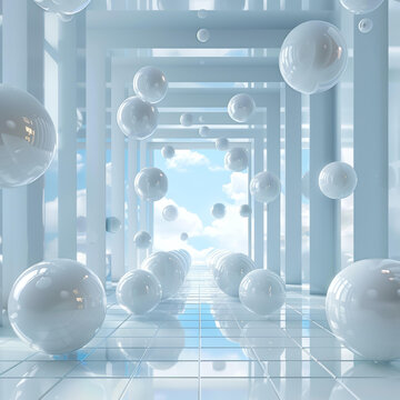 渲染未來(lái)主義空曠走廊玻璃球漂浮在空中