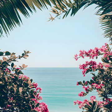 熱帶海灘風(fēng)景，棕櫚樹(shù)和三角梅花