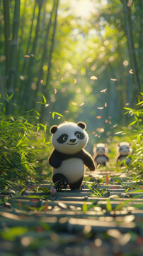 可愛的大熊貓在竹林里散步