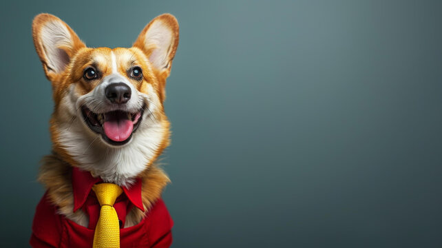一只穿著紅色襯衫和黃色領帶的快樂柯基犬