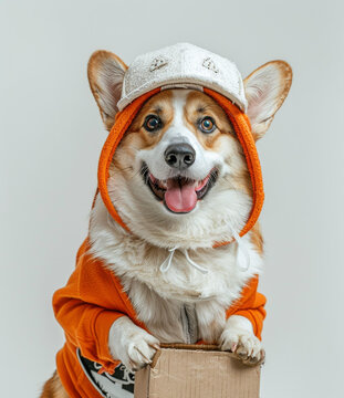 一只戴著帽子和連帽衫的可愛柯基犬