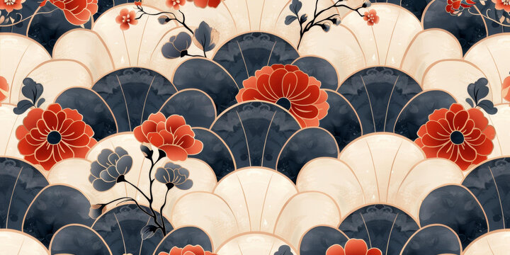 紅色和藍(lán)色花朵和波浪的日式圖案