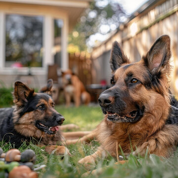 兩只德國牧羊犬在后院的草地上玩耍