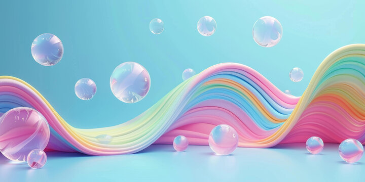 藍(lán)色背景上的彩虹波浪和漂浮氣泡