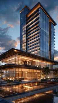 現(xiàn)代建筑群高層建筑與泳池
