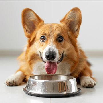 一只可愛(ài)的小柯基犬趴在銀碗前