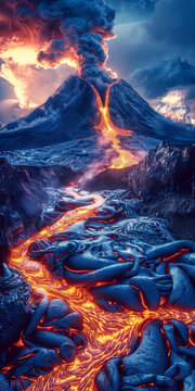 火山爆發(fā)時(shí)熔巖從巖石山坡上流下