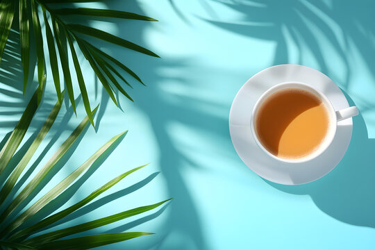 一杯茶，陽光，綠葉和清新的背景