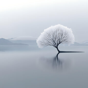 湖面上的霜雪樹木冬季景觀