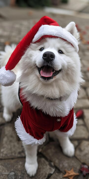 薩摩耶犬戴著圣誕帽