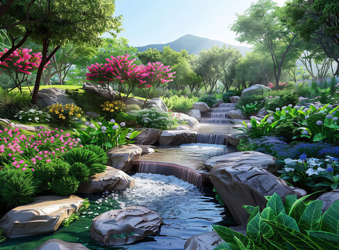 瀑布流淌的美麗花園景觀設(shè)計(jì)