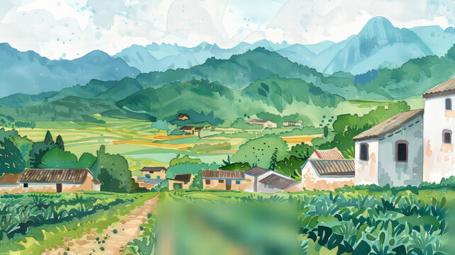 朦朧水彩畫群山間的鄉(xiāng)村