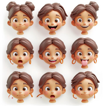 卡通人物女孩的不同面部表情
