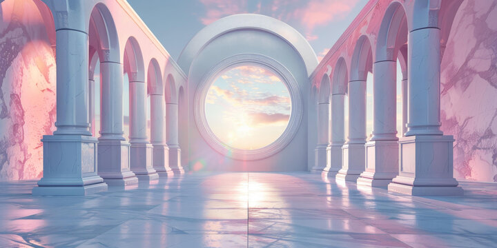 夢(mèng)幻粉白拱廊建筑圖
